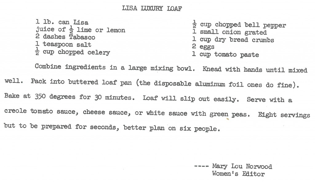 Recipe for Lisa Luxury Loaf from the Administrative Files of the State Conservation Board (Box 4, Series 1163, State Archives of Florida).