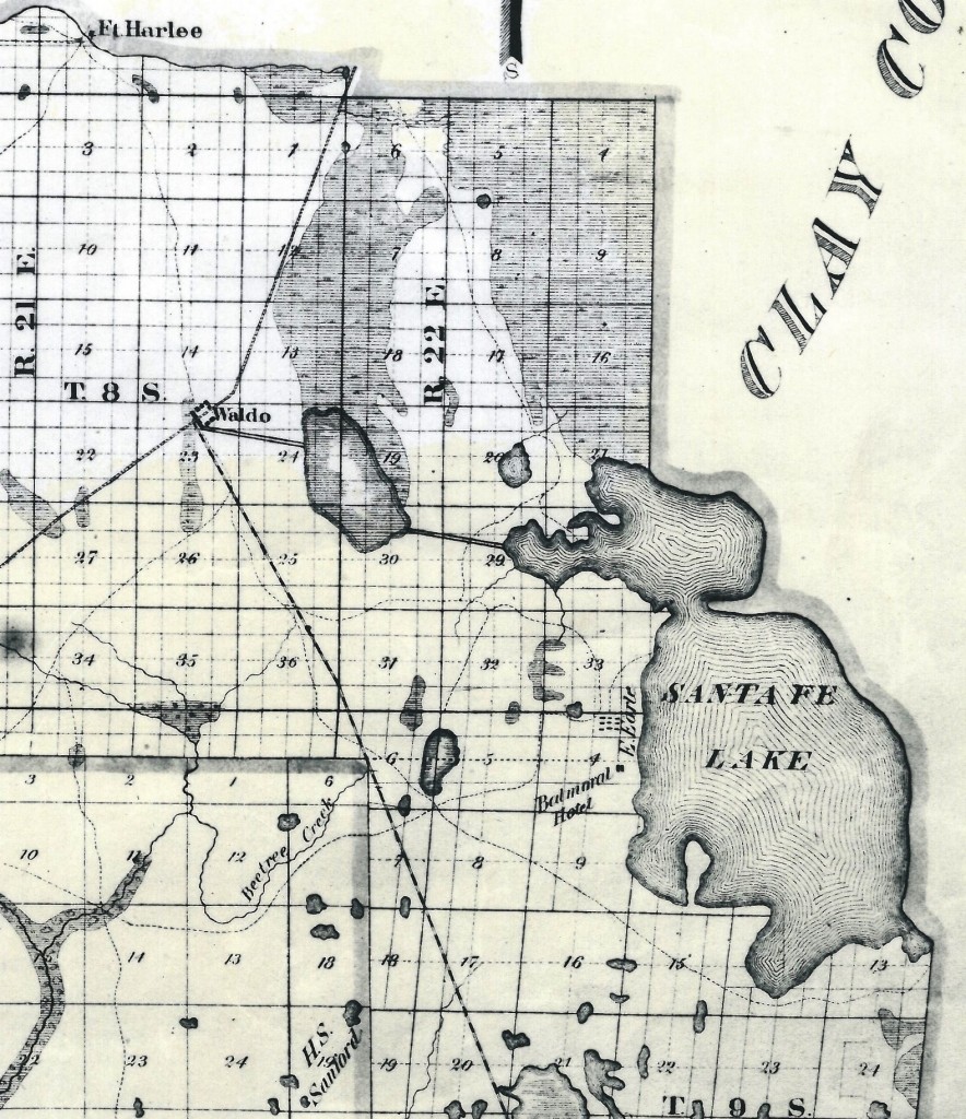 A reproduction of an 1885 map showing the route of the Waldo Canal linking lakes Alto and Santa Fe. The line extending southeast from Waldo was the proposed route for the Florida Central Railroad between Waldo and Tampa.