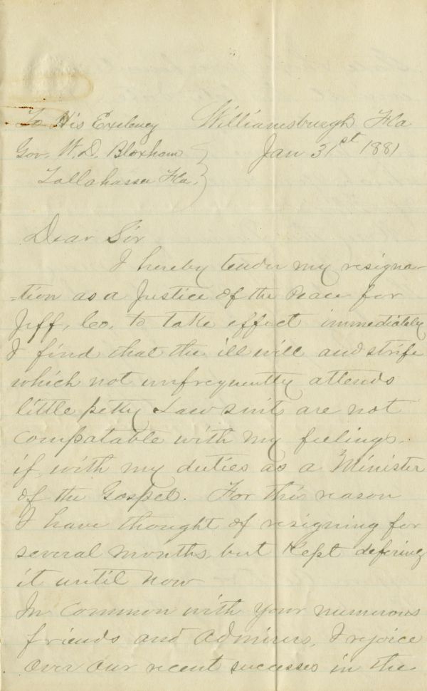 Letter from Charles P. Murdock to Governor William D. Bloxham, resigning his position as justice of the peace in the area near Williamsburg (now called Aucilla) in Jefferson County (1881). Box 1, folder 8, Letters of resignation and removals from office (Series 1326), State Archives of Florida.