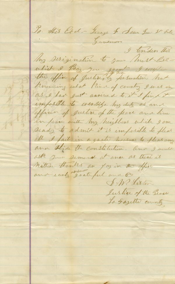 Letter from D.W. Lister to Governor George Franklin Drew, resigning his position as justice of the peace for Lafayette County (1880). Box 1, folder 9, Letters of resignation and removals from office (Series 1326), State Archives of Florida.