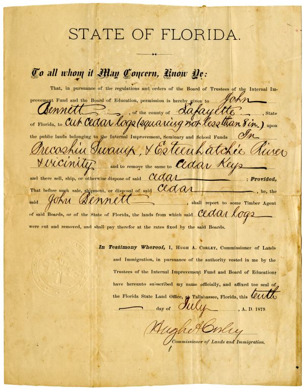 Permit for John Bennett of Lafayette County to cut cedar logs in the vicinity of the Esteenhatchie (Steinhatchee) River, 1879 (Series S 1814, State Archives of Florida).