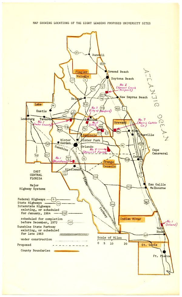 Map Showing Top 8 Sites for a Proposed Space University, 1963