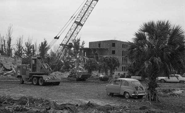 The unfinished Ringling Ritz-Carlton Hotel falls victim to the wrecking ball after years of neglect (1964).