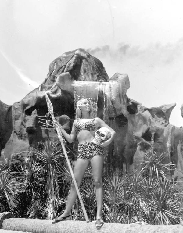 Model Melody May in front of the volcano at Jungle Land in Panama City (1966).