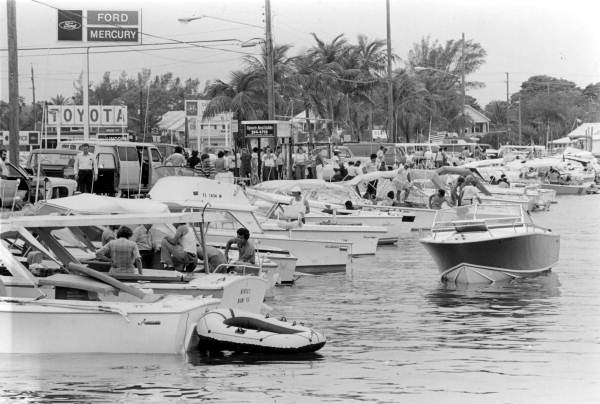 Boats sit docked at the Garrison Bight Marina before embarking on the 125 mile journey from Key West, Florida, to Mariel, Cuba. Some private boat owners took financial advantage of the Cuban exile community’s desperation to meet their relatives at Mariel, selling at upwards of $10,000, and charters for not much less. Photograph by Dale McDonald, 1980.