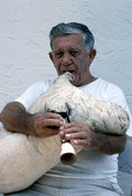 Greek bagpipe player Nikitas Tsimouris playing the tsabouna - Tarpon Springs, Florida