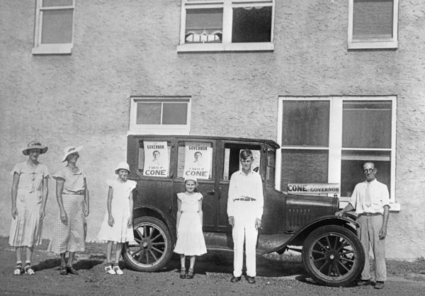 Signs for Fred Cone for Governor displayed on Harry G. Remer's car : Largo, Florida (1936)