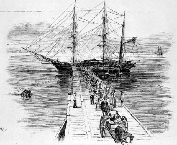 Drawing of Africans being brought from the ship 