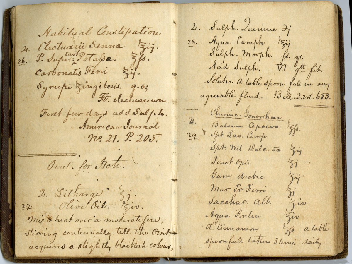 A page from the diary of Dr. John M.W. Davidson of Gadsden County, containing recipes for various mixtures he used for patients. Click on the image to view more of the diary and a transcript.