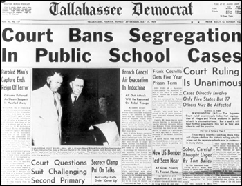 Tallahassee Democrat headline for segregation ban: Tallahassee, Florida (May 17, 1954)