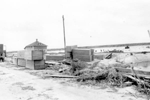 Coffins stacked beside the road between Belle Glade and Pahokee, after the hurricane of 1928: Palm Beach County, Florida