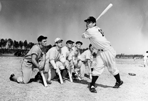 Charlie Keller demonstrating home run swing at Baseball School: Bartow, Florida (1948)