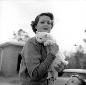 Mrs. Gene Davis holding her cat (1955)