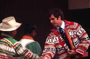 Secretary of State Bruce Smathers wearing traditional Seminole patchwork jacket: White Springs, Florida (1975)