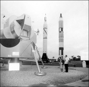 Tourists look at a lunar module: Cape Canaveral, Florida (1970)