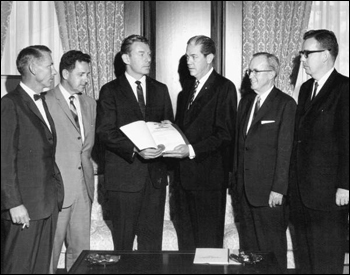 Florida Governor Haydon Burns congratulating space industry leaders (between 1965 and 1967)