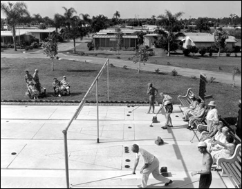 Retirees play shuffleboard at the trailer park: Clearwater, Florida (1955)