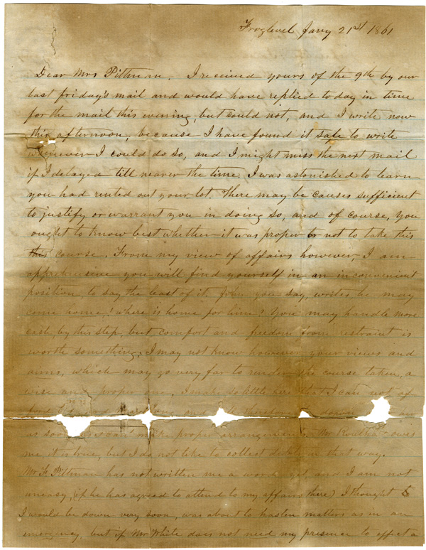 Letter of January 21, 1861, from E. J. Blackshear to Mrs. Pittman