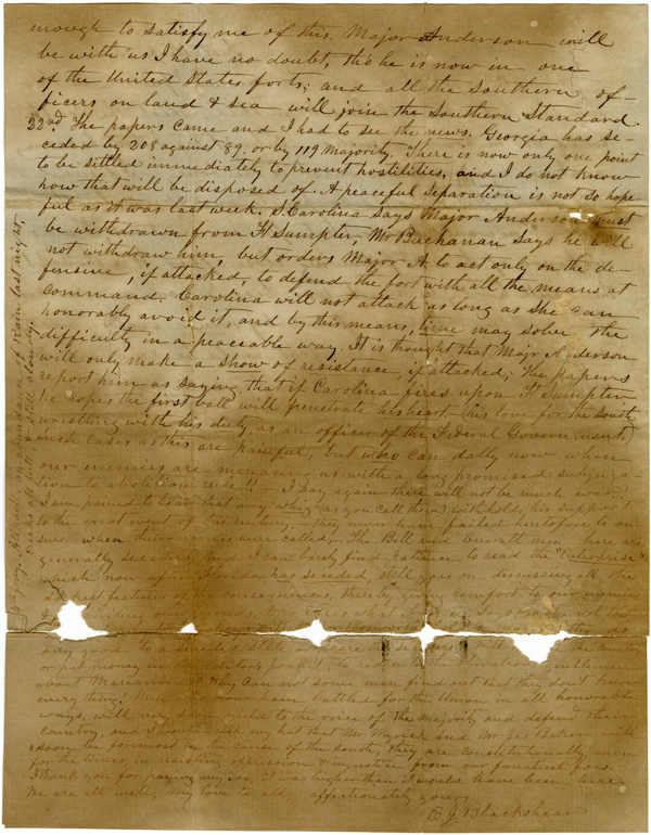 Letter of January 21, 1861, from E. J. Blackshear to Mrs. Pittman