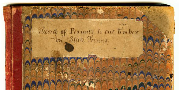 Cover of the volume in which the Trustees of the Internal Improvement Fund recorded the permits they issued for cutting timber on state lands (Series S 1814, State Archives of Florida). Click or tap the image to view the entire book.