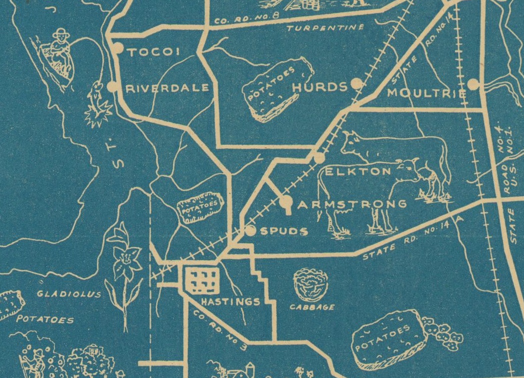 Excerpt of a tourist map of St. Johns County showing Spuds and other communities between the Florida East Coast Railway and the St. Johns River (ca. 1940). Click or tap the image to view the complete map.