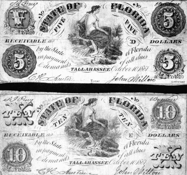 Paper money, issued by the State of Florida during the Civil War (1861)