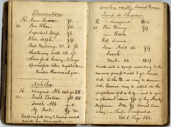 Pages from the journal of Dr. John M.W. Davidson of Gadsden County, describing treatments for various diseases (Collection M81-24, State Archives of Florida). Click or tap the image to see a larger version of the image and a transcript.