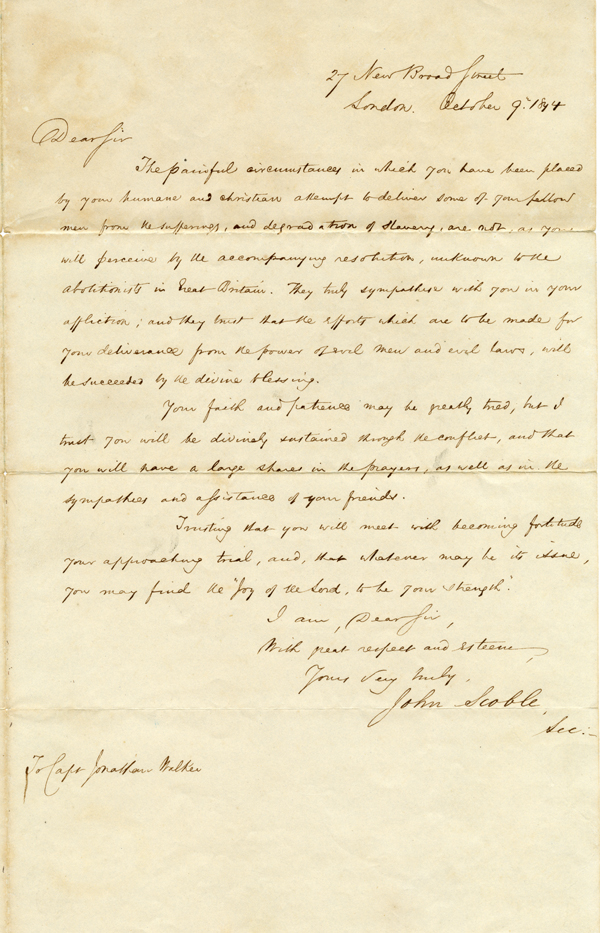 Correspondence Concerning Abolitionist Jonathan Walker 
