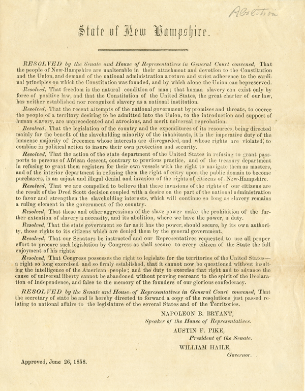 Anti-slavery resolutions from the State of New Hampshire to the State of Florida, December 1, 1858 
