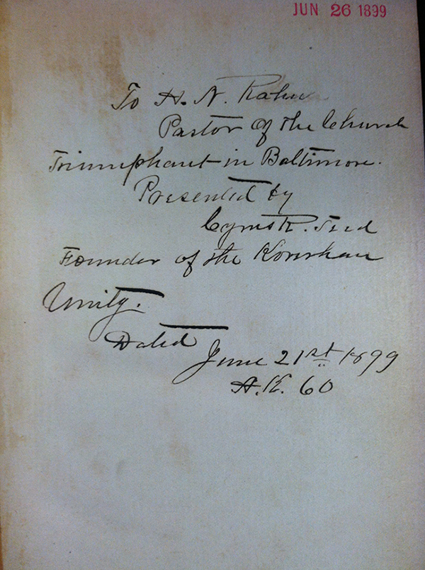 Teed’s inscription of the book to “H.N. Rahn, Pastor of the Church Triumphant in Baltimore”
