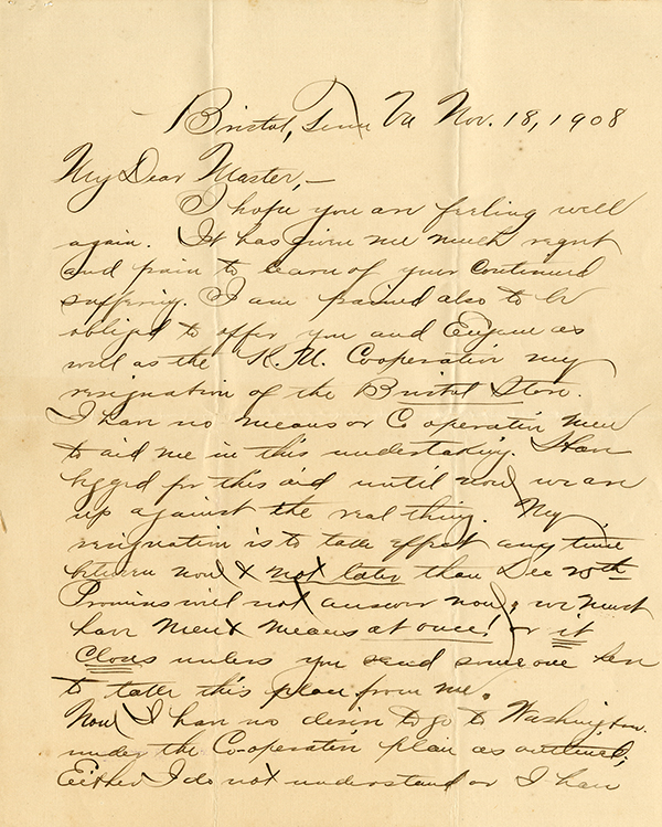 Letter from Henry Silverfriend to Cyrus Teed, explanation of resignation from Bristol Manufacturing Plant, 1908
