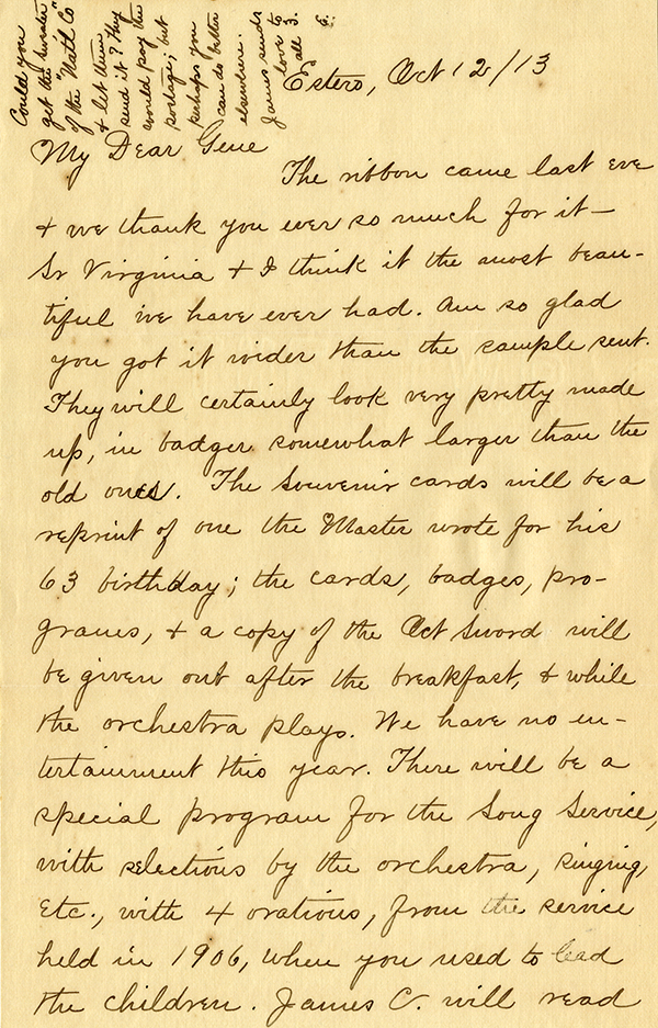 Letter from Evelyn Bubbett to Imogene Bubbett-Rahn, October 12, 1913
