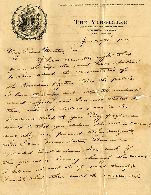 Letter from Henry D. Silverfriend to Cyrus Teed, June 27, 1907
