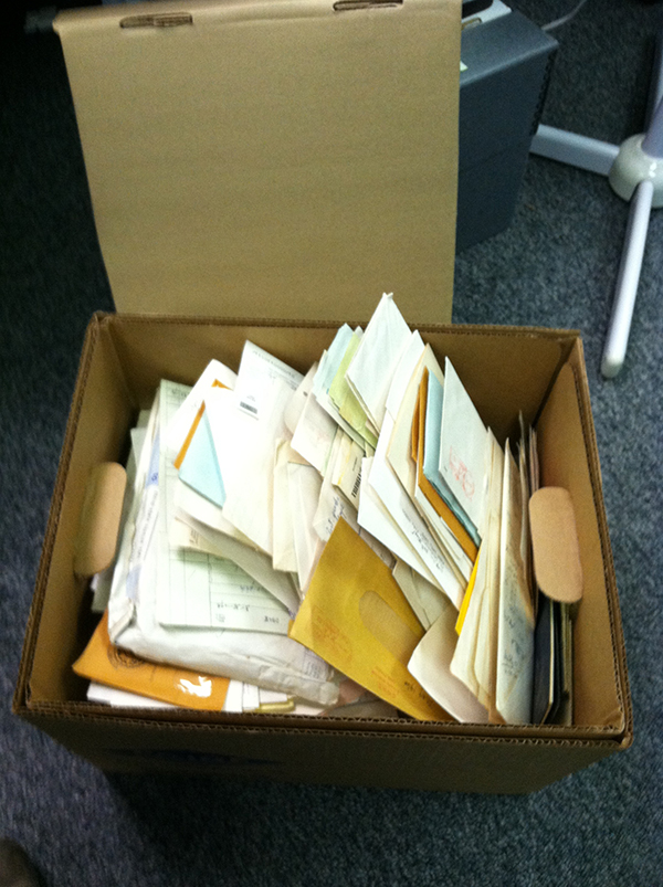 A typical box of Koreshan Unity Papers as it appeared upon arrival at the State Archives
