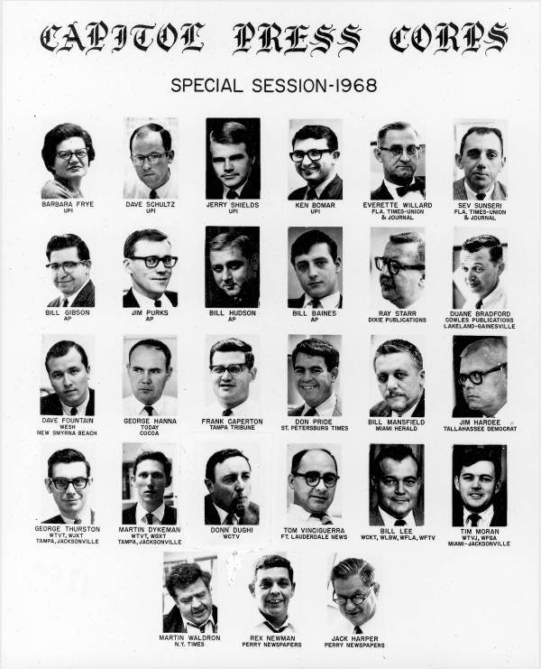 Members of the Capitol Press Corps covering the 1968 special legislative session. Note that Barbara Frye, pictured top left, is the only woman in the corps.