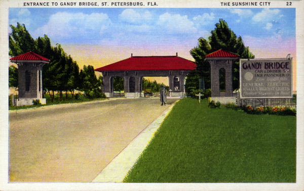 Postcard showing the original toll booth for Gandy Bridge. The original toll for passenger vehicles was 75 cents for the vehicle and driver, plus 10 cents per additional passenger. Other tolls included 25 cents for saddle horses, 10 cents for bicycles, 25 cents for motorcycles, and 20 cents per head for loose-driven cattle or horses (photo circa 1930).