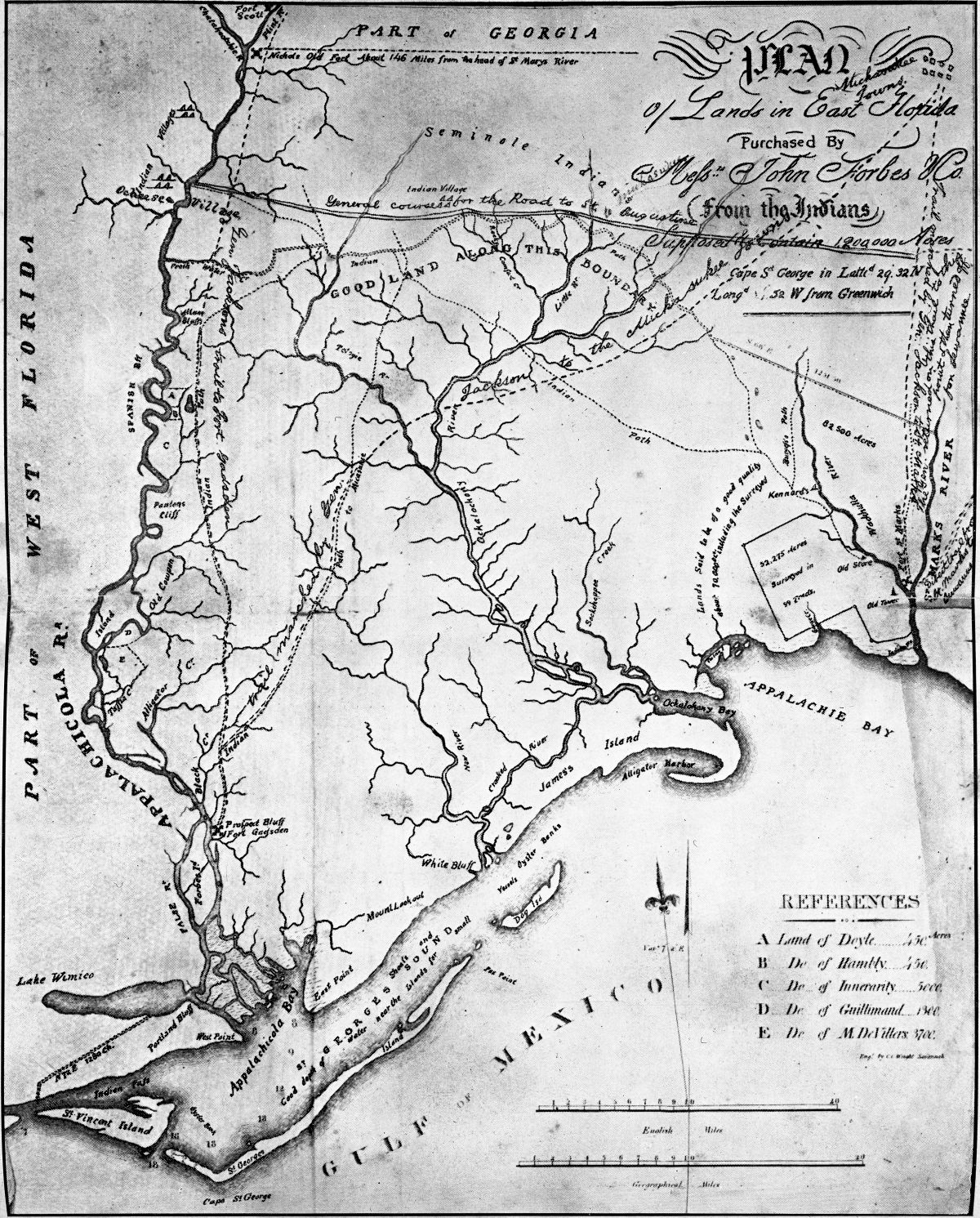 Map of the Forbes Purchase (ca. 1820). In the lower left portion of the map is St. George Island. The Negro Fort was located on the Apalachicola River near Prospect Bluff. 