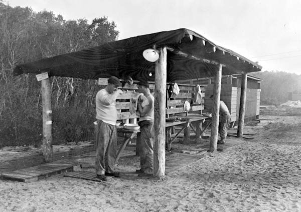 A wash-up shed at Camp Gordon Johnston (circa 1943).