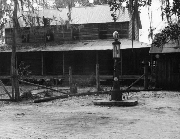 House and gasoline pump on property near Salt Springs used in the production of the film adaptation of Marjorie Kinnan Rawlings' The Yearling (1940).