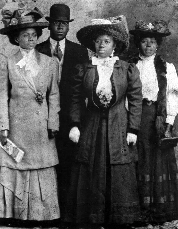 Wedding portrait of Dr. and Mrs. W.S. Stevens. Order unknown, included in the photograph are Mrs. W.S. Stevens, Dr. William Spencer Stevens, Mrs. Maggie Stevens, and Mrs. Maggie Proctor.