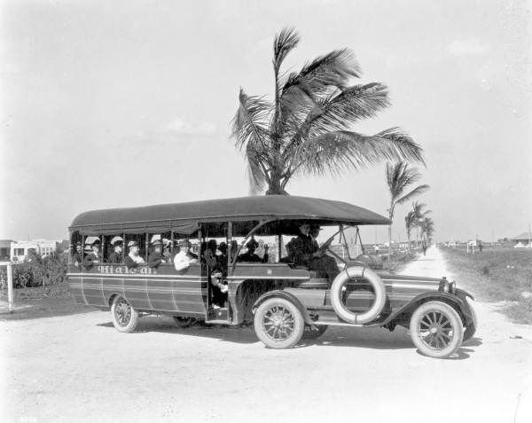 A load of visitors and potential land buyers tour real estate in Hialeah near Miami. Developers used free trips, colorful advertising and entertainment to lure new residents and investors (1921).