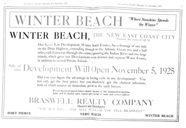 Advertisement for Charles C. Braswell’s Winter Beach development in present-day Indian River County (1925).