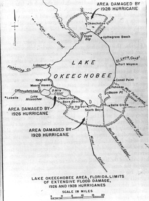 Map showing flood damage to the Lake Okeechobee area by the hurricanes of 1926 and 1928