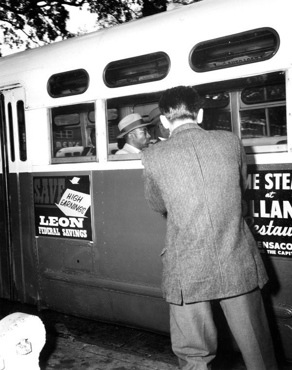 Reverend C. K. Steele (left) and Reverend Dan Speed protesting segregated busing, Tallahassee, December 24, 1956 