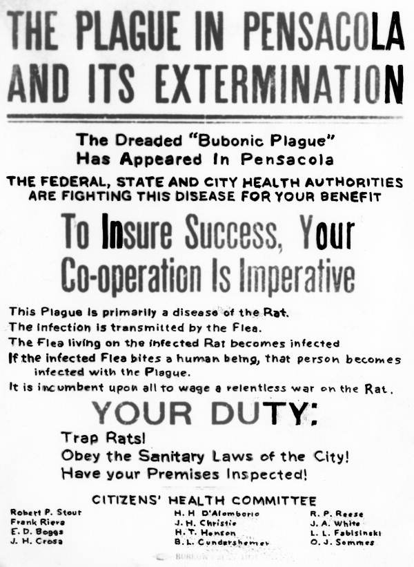 Flyer urging Pensacola citizens to cooperate with public health officials to help end the bubonic plague outbreak (1920).