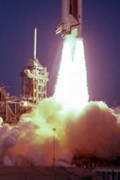 View of space shuttle launch at the Kennedy Space Center.