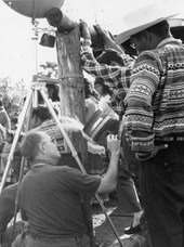 Photographer's spouse Don Marks with medicine man Ingram Billie during Christmas feast at Mission Village in the Everglades.