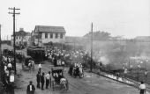 Remains of the "Gato Cigar Factory" at the corner of Simonton and Virginia streets following the fire that destroyed it - Key West, Florida.