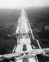 Aerial view overlooking construction of the Cross Florida Barge Canal at the Inglis Lock.