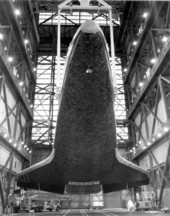 Space Shuttle Columbia preparing for completed assembly.